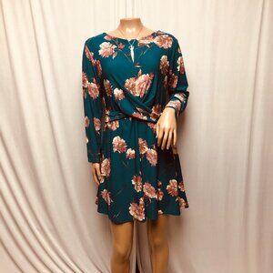 Lily Rose Dress Womens Size Large Teal Mauve Floral Short Stretch Long Sleeve